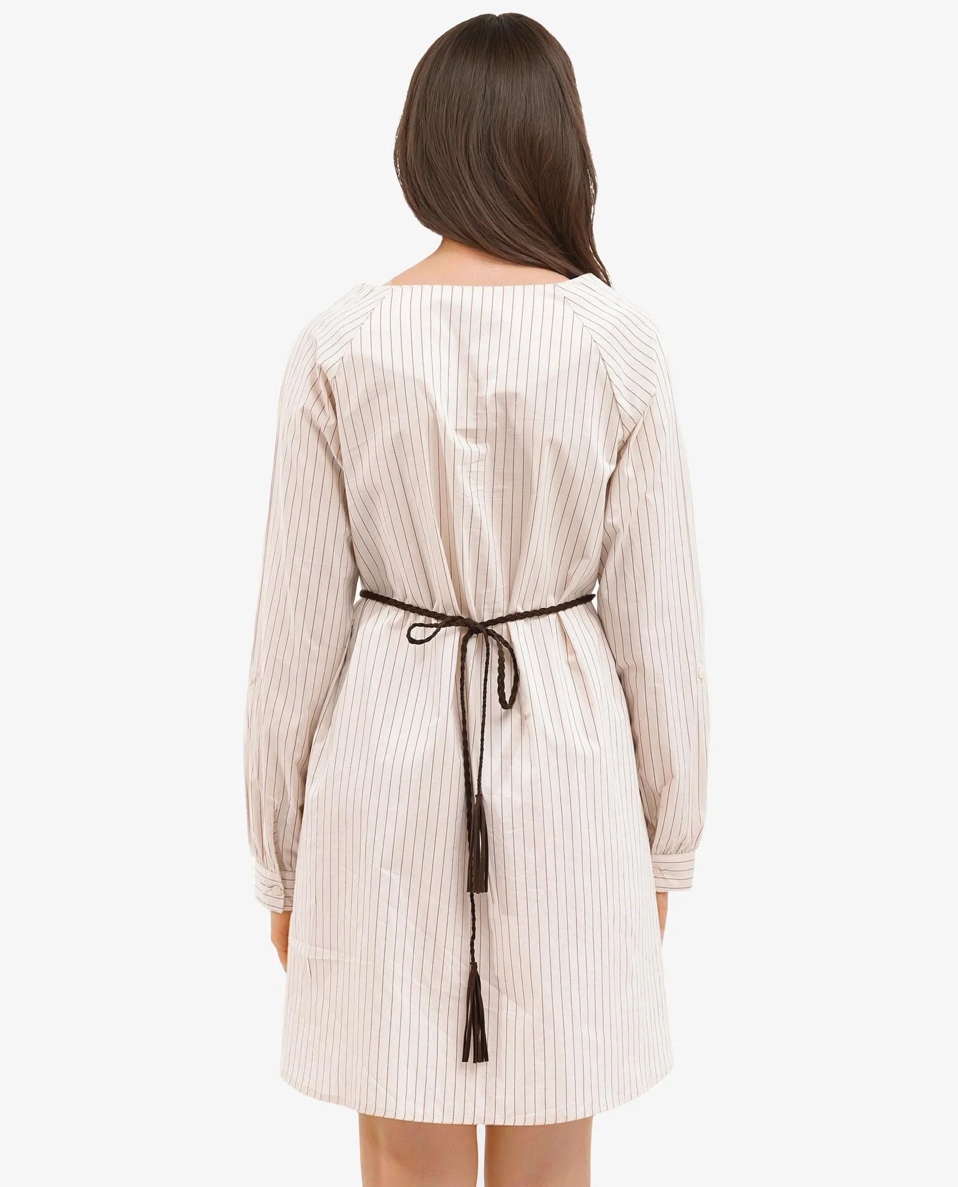 Rareism Women Margaret Beige Cotton Fabric Sleeveless Round Neck Stripe Regular Fit Dress