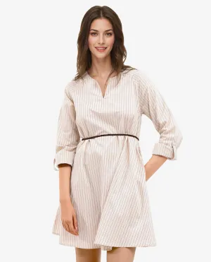 Rareism Women Margaret Beige Cotton Fabric Sleeveless Round Neck Stripe Regular Fit Dress