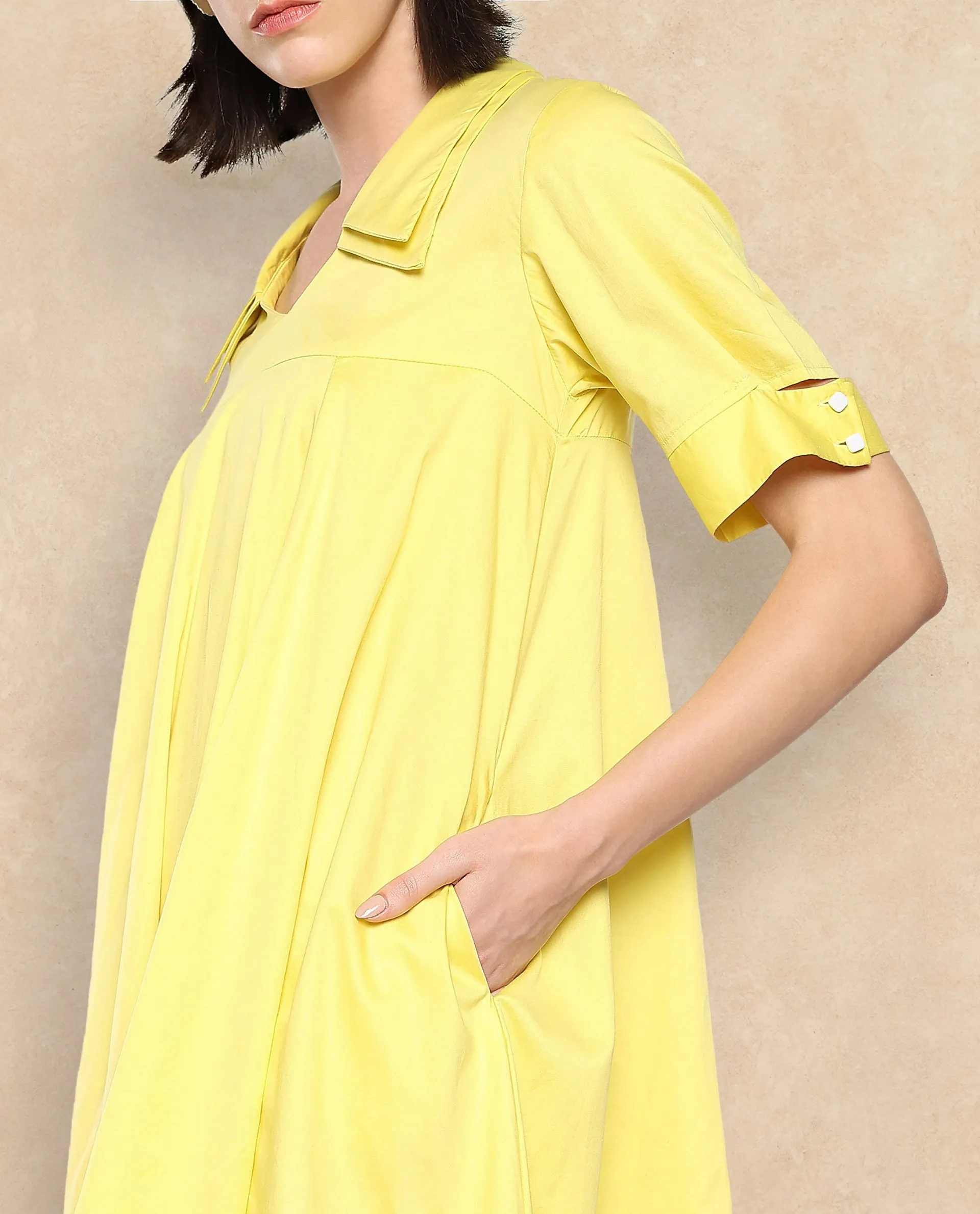 Rareism Women Qurad Yellow Plain Dress