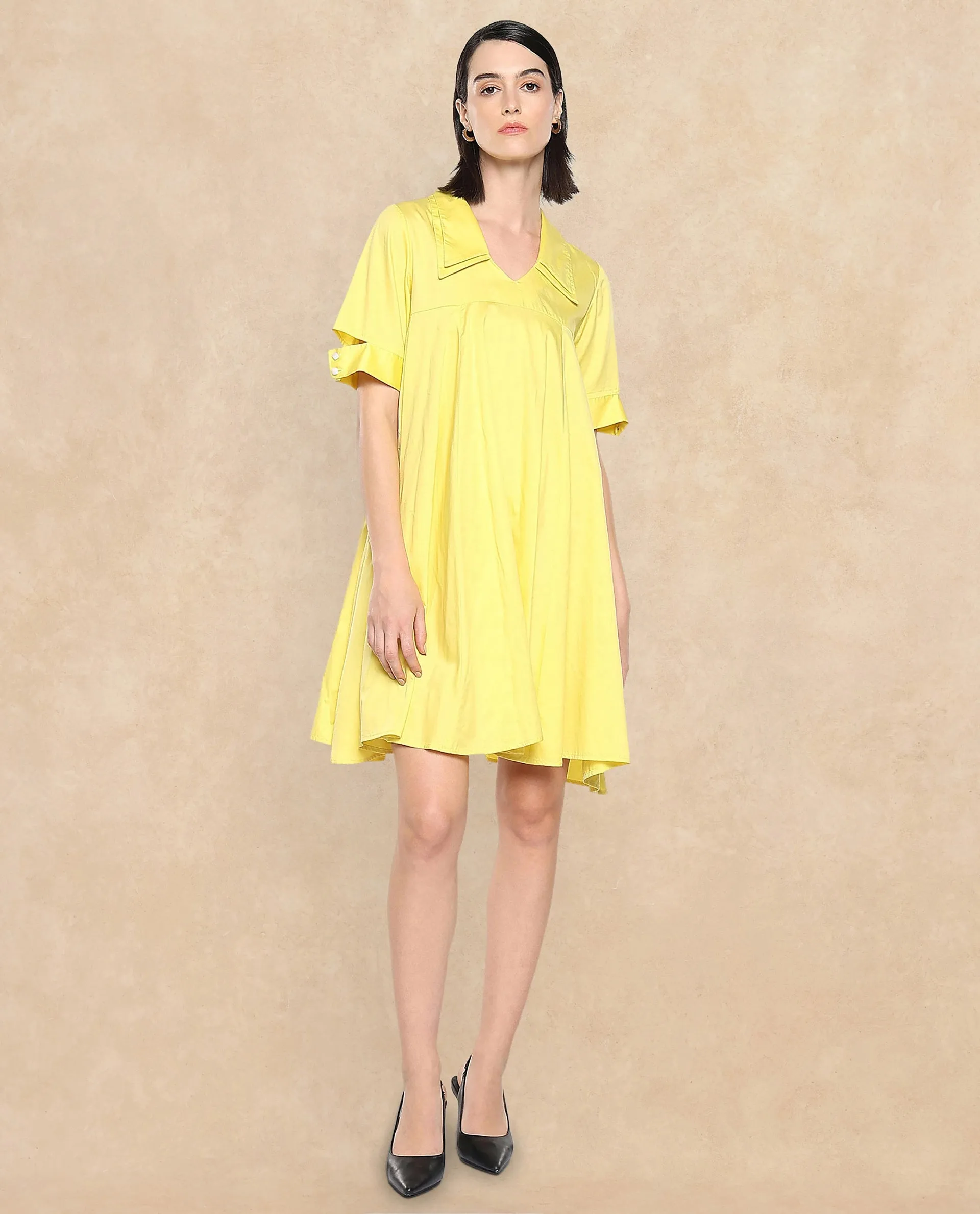 Rareism Women Qurad Yellow Plain Dress