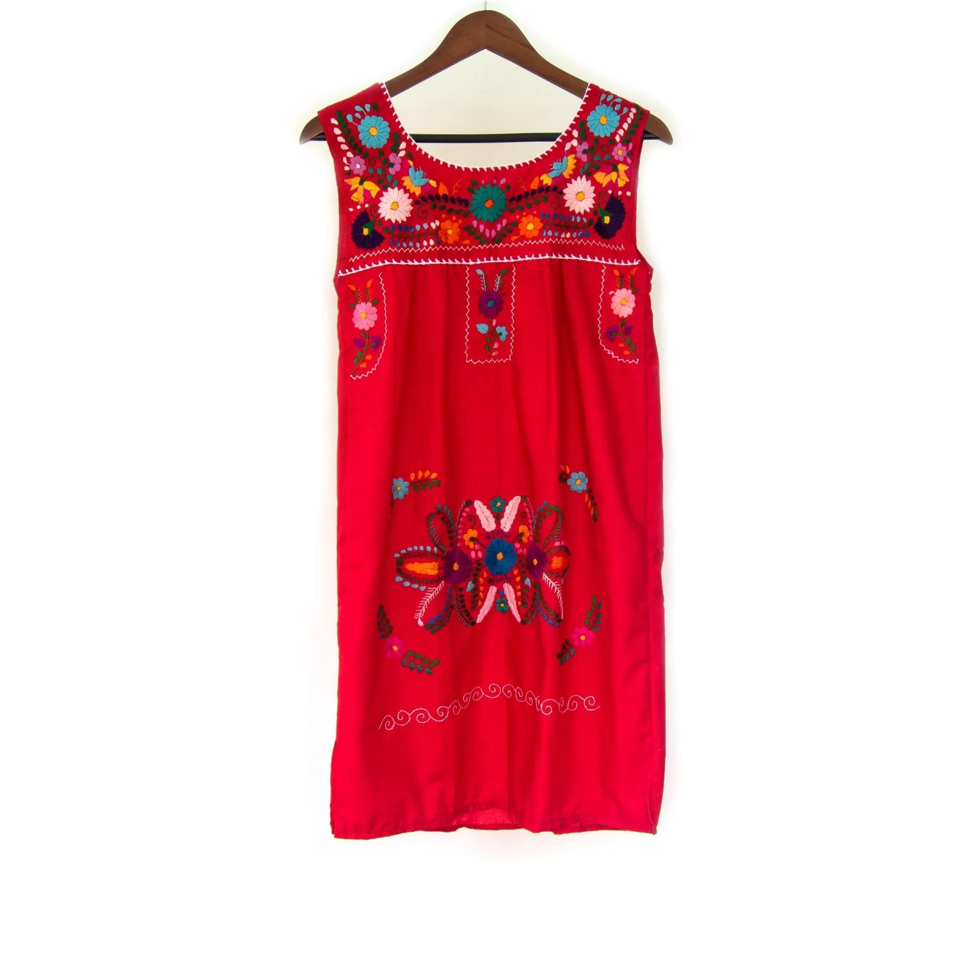 Red Vintage Boho Dress with Hand Embroidered Flowers