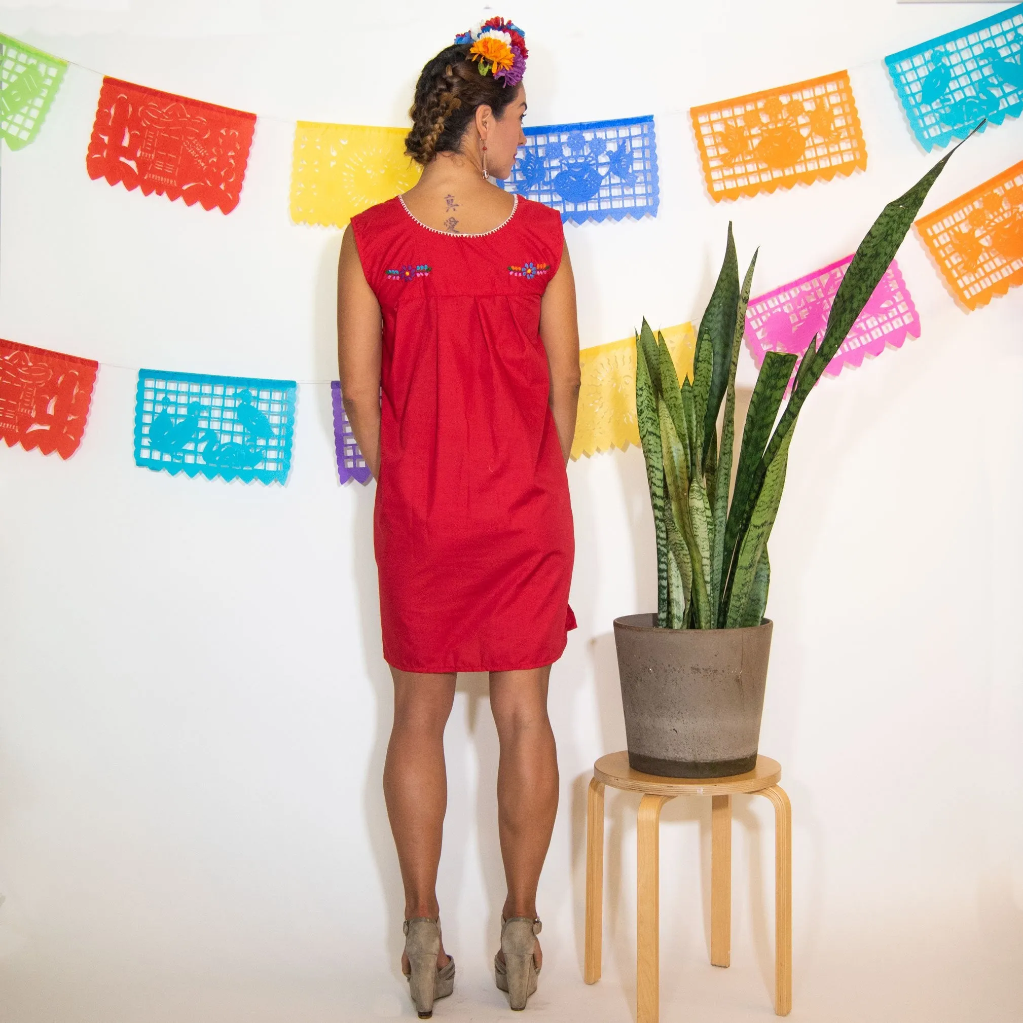 Red Vintage Boho Dress with Hand Embroidered Flowers