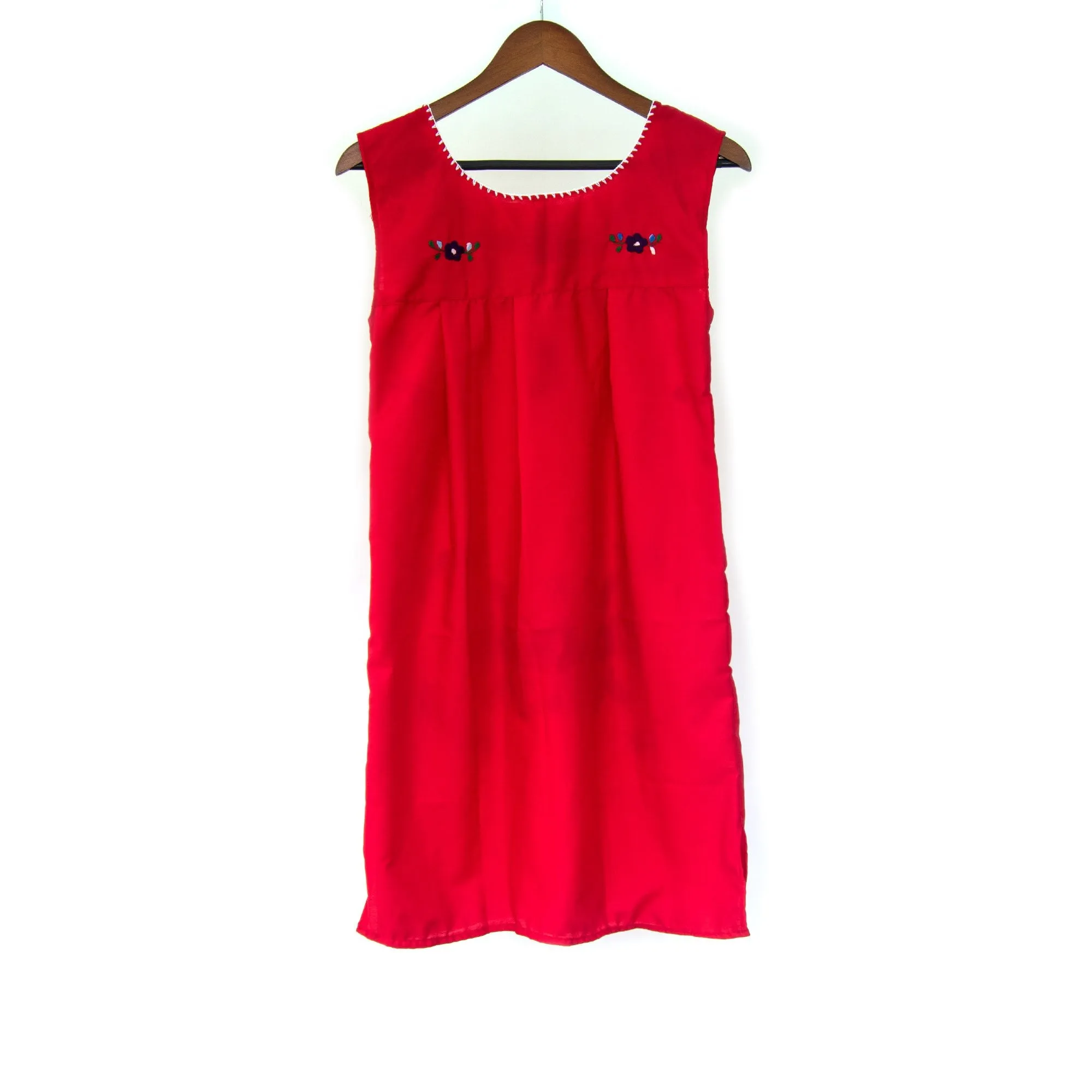 Red Vintage Boho Dress with Hand Embroidered Flowers