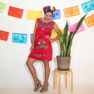 Red Vintage Boho Dress with Hand Embroidered Flowers