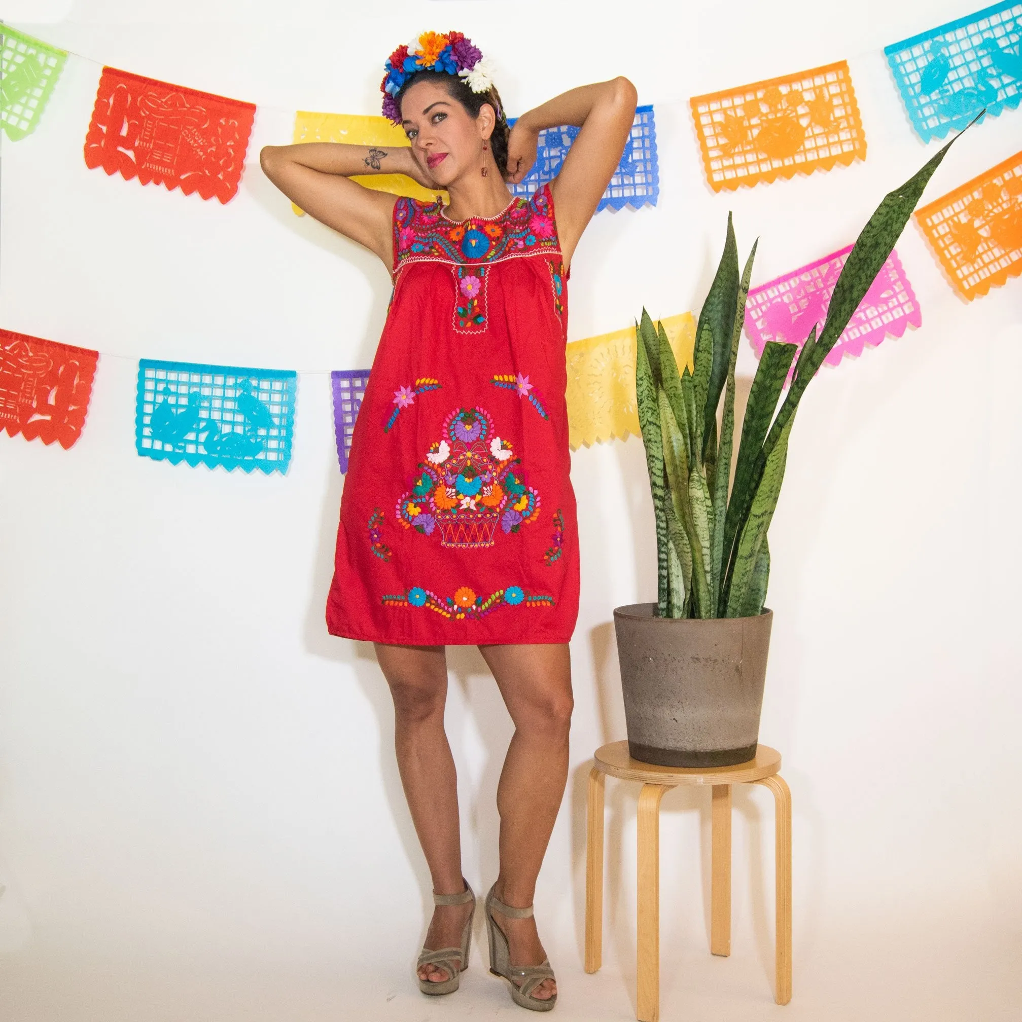 Red Vintage Boho Dress with Hand Embroidered Flowers