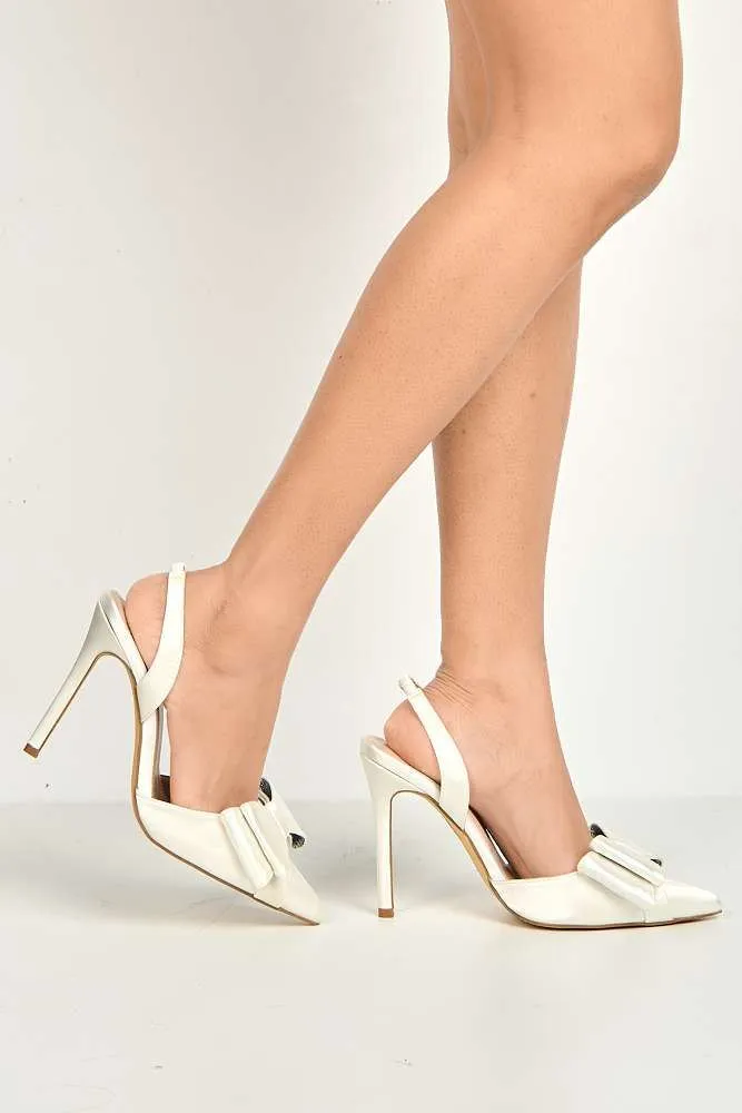 Salwa Pointy Toe Bow Slingback Court Shoes in White Satin