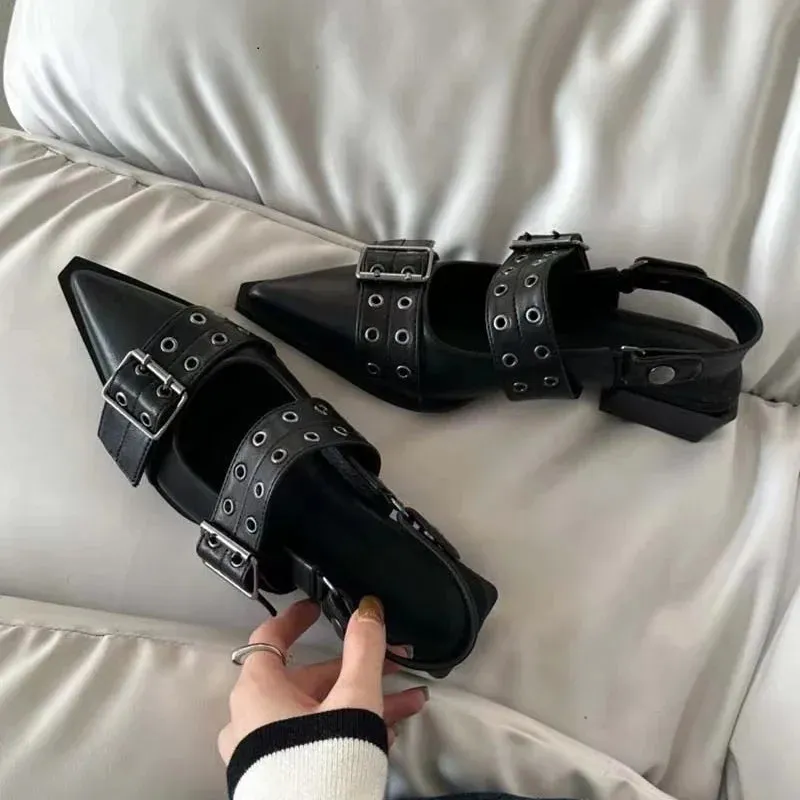 Slingback Shoes Gothic Chunky Heels Women's Pumps Rivet Street Style Medium Heel Punk Vintage Casual Sandals Spring Summer 2024