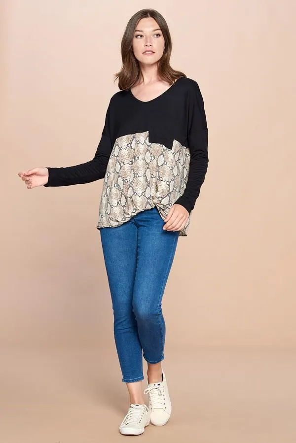 Snake Print Color Block Top with Twist Front Detail by Oddi