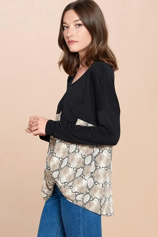Snake Print Color Block Top with Twist Front Detail by Oddi