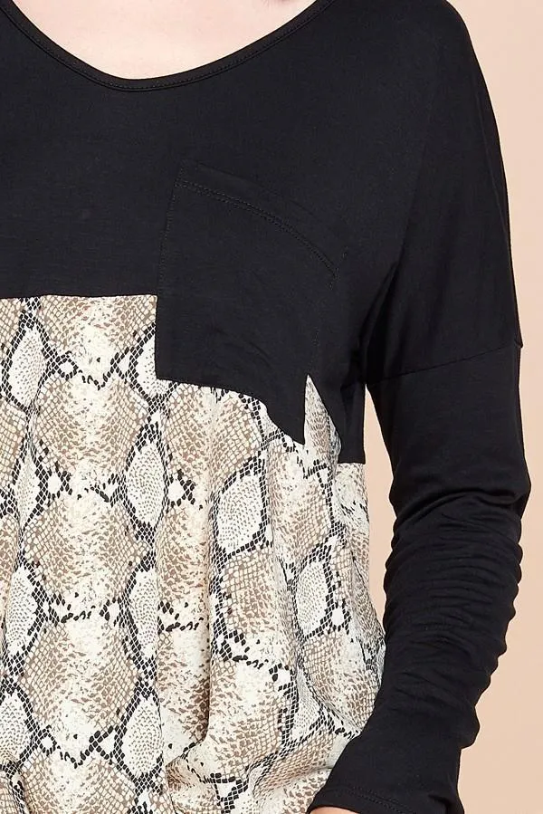 Snake Print Color Block Top with Twist Front Detail by Oddi