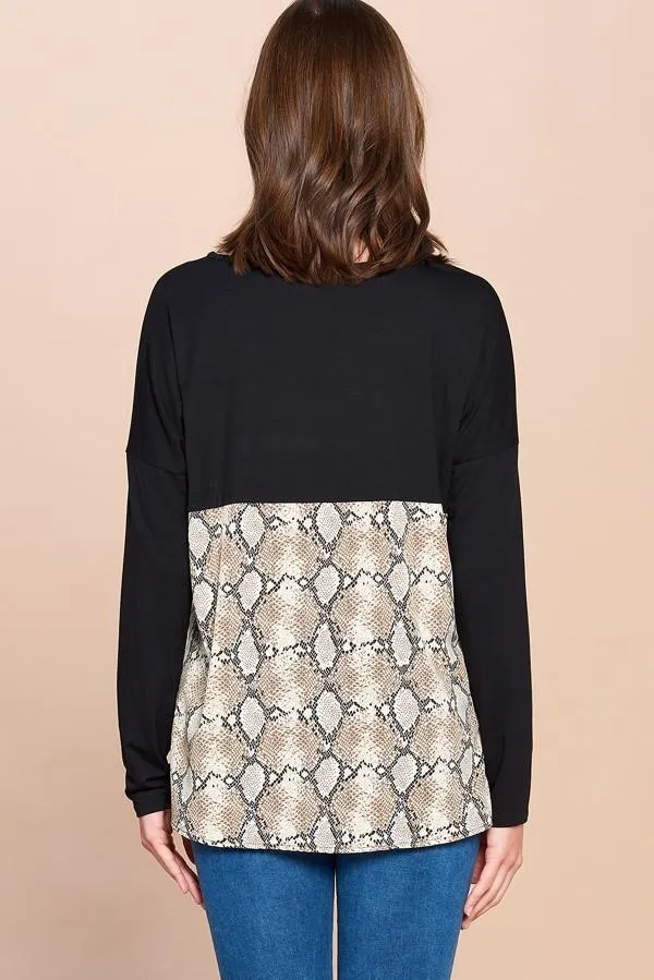 Snake Print Color Block Top with Twist Front Detail by Oddi