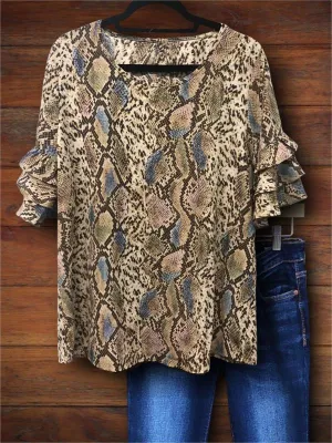 Snake Print Ruffle Sleeve Top