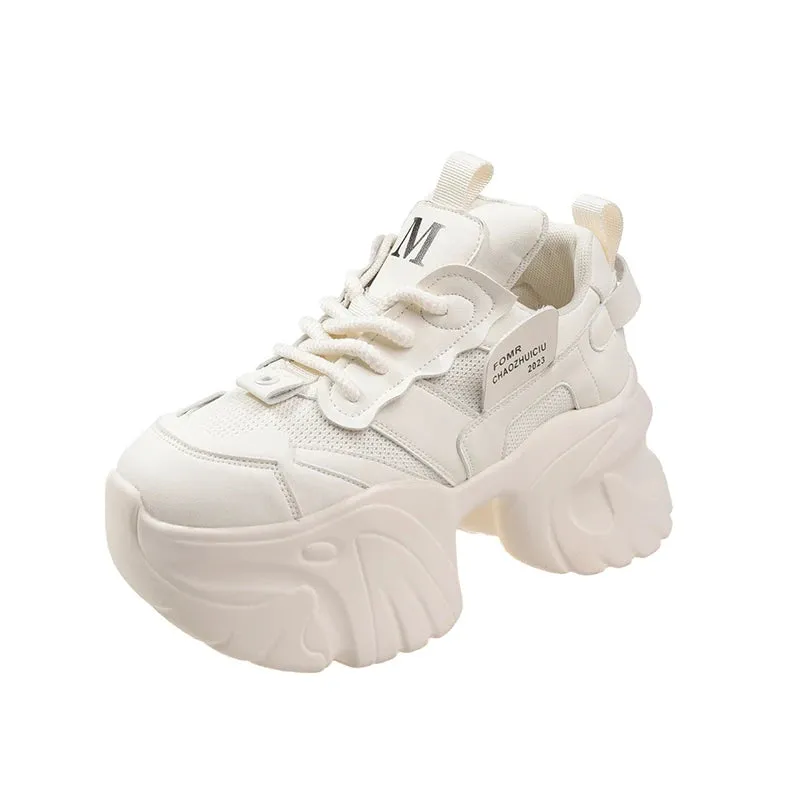 Sohiwoo New Women's Platform Shoes Mesh Breathable Chunky Sneakers High Platform Designer White Tennis Shoes Increase Casual Sport Shoes