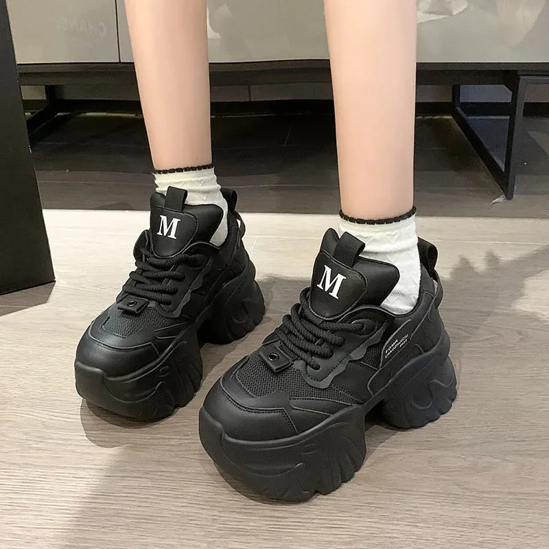 Sohiwoo New Women's Platform Shoes Mesh Breathable Chunky Sneakers High Platform Designer White Tennis Shoes Increase Casual Sport Shoes