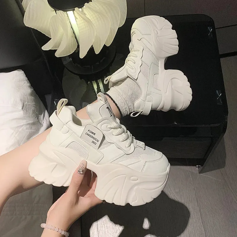 Sohiwoo New Women's Platform Shoes Mesh Breathable Chunky Sneakers High Platform Designer White Tennis Shoes Increase Casual Sport Shoes