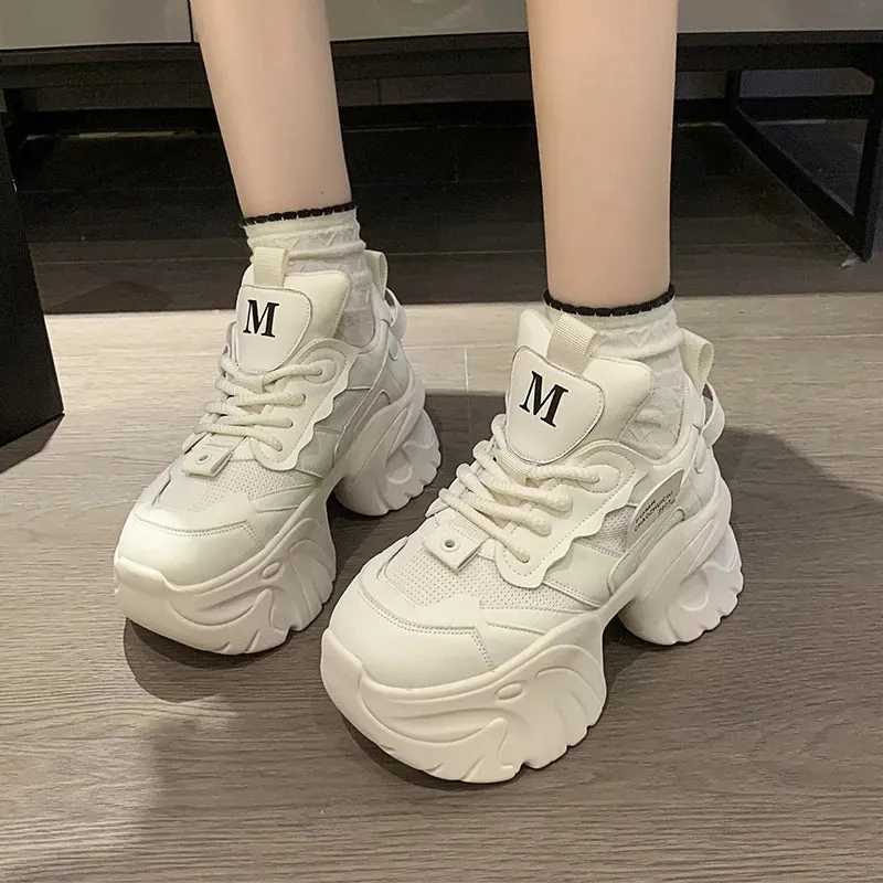 Sohiwoo New Women's Platform Shoes Mesh Breathable Chunky Sneakers High Platform Designer White Tennis Shoes Increase Casual Sport Shoes