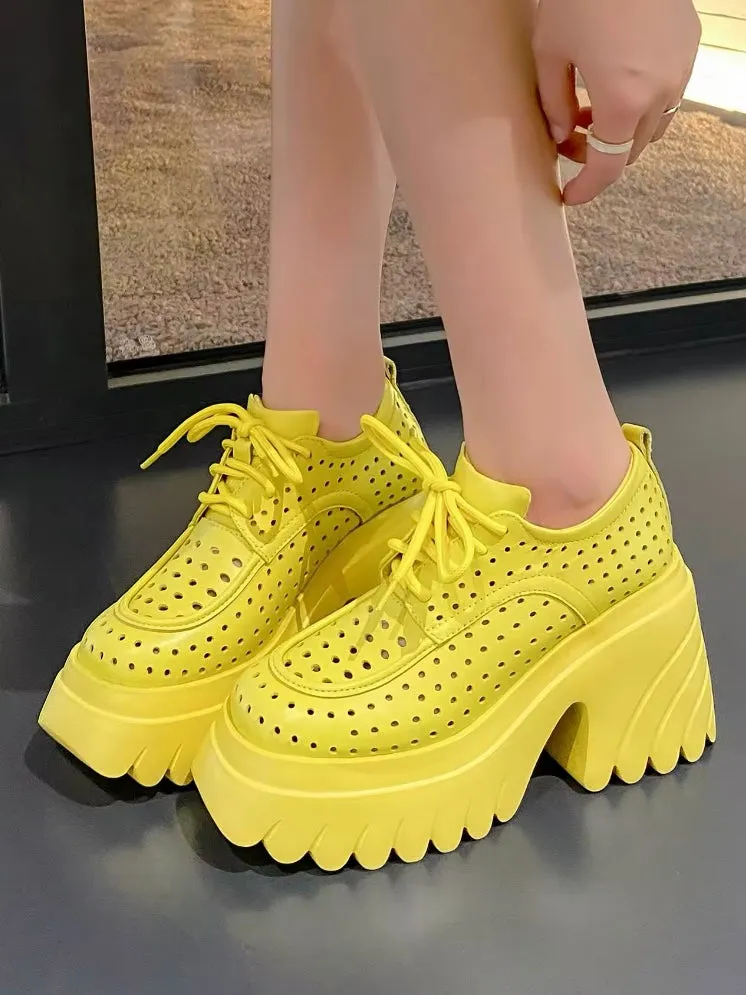 Solid colors perforated lace up loafers platform