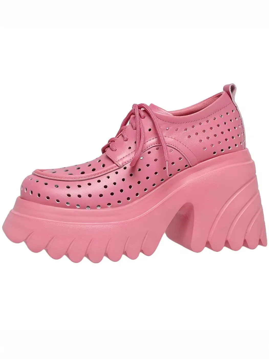 Solid colors perforated lace up loafers platform