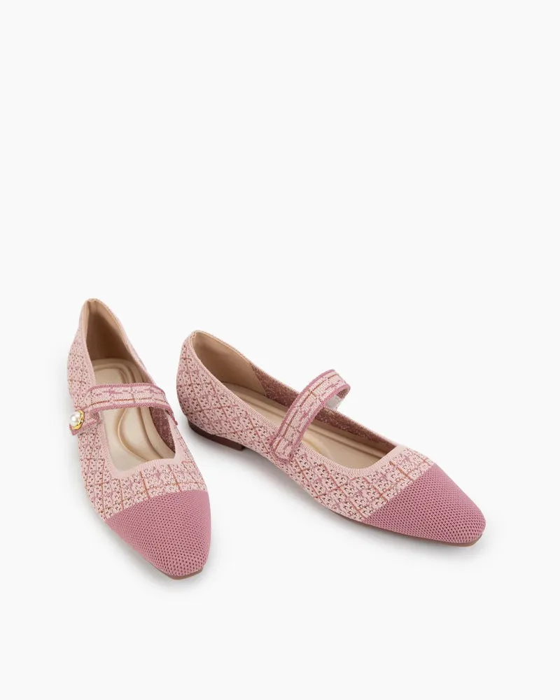 Square Toe Mary Jane Multi-color Flats (Pearl)