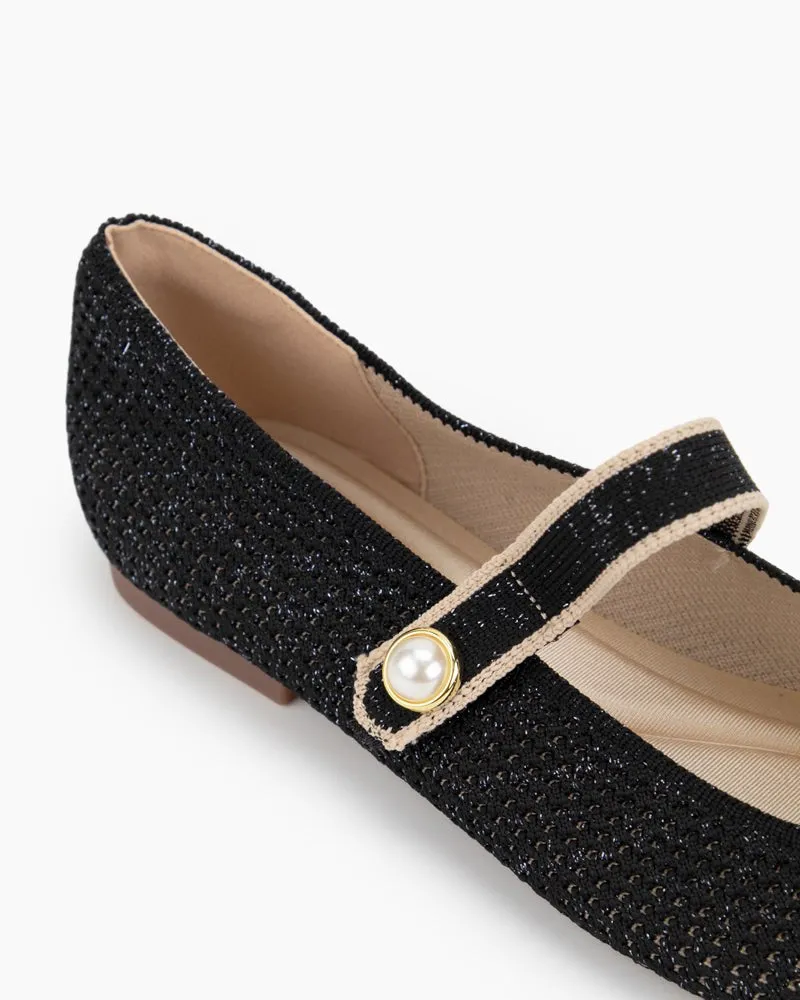 Square Toe Mary Jane Multi-color Flats (Pearl)