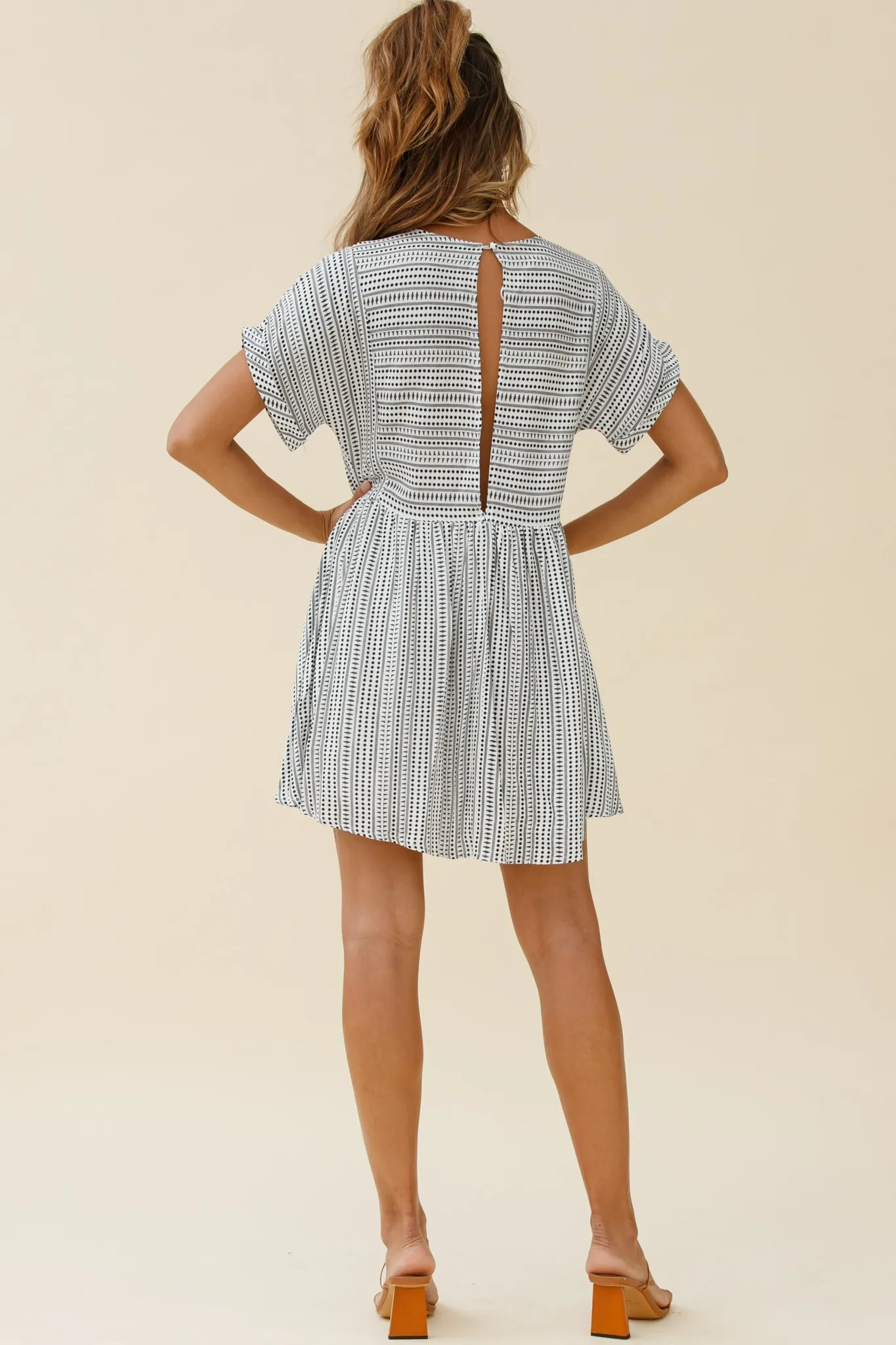Susie Rolled Sleeve Crew Neck Swing Dress Stripe Pattern Black