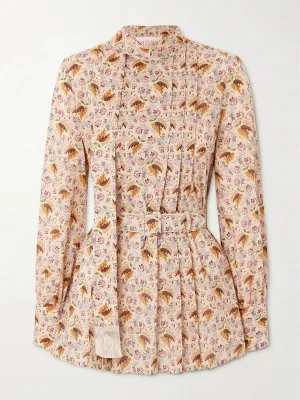 Tie-neck belted pleated floral-print cotton-muslin blouse