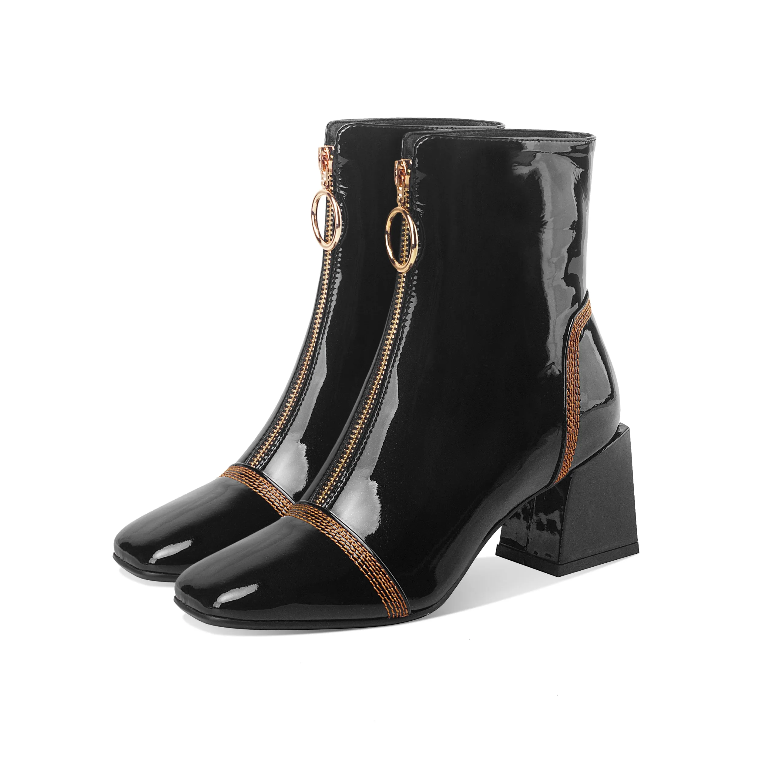 TinaCus Women's Patent Leather Square Toe Handmade Front Zipper Mid Chunky Heels Trendy Ankle Boots