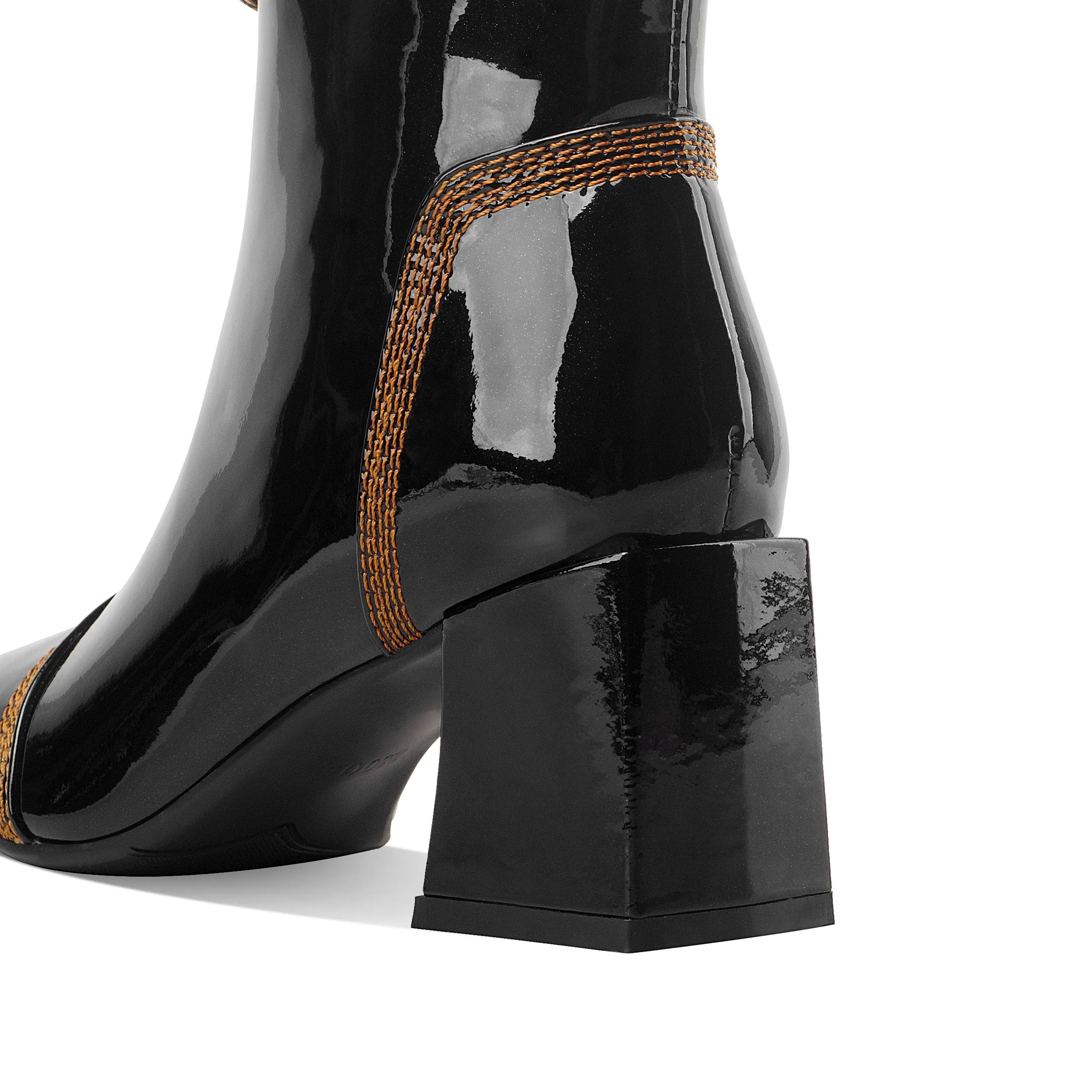 TinaCus Women's Patent Leather Square Toe Handmade Front Zipper Mid Chunky Heels Trendy Ankle Boots