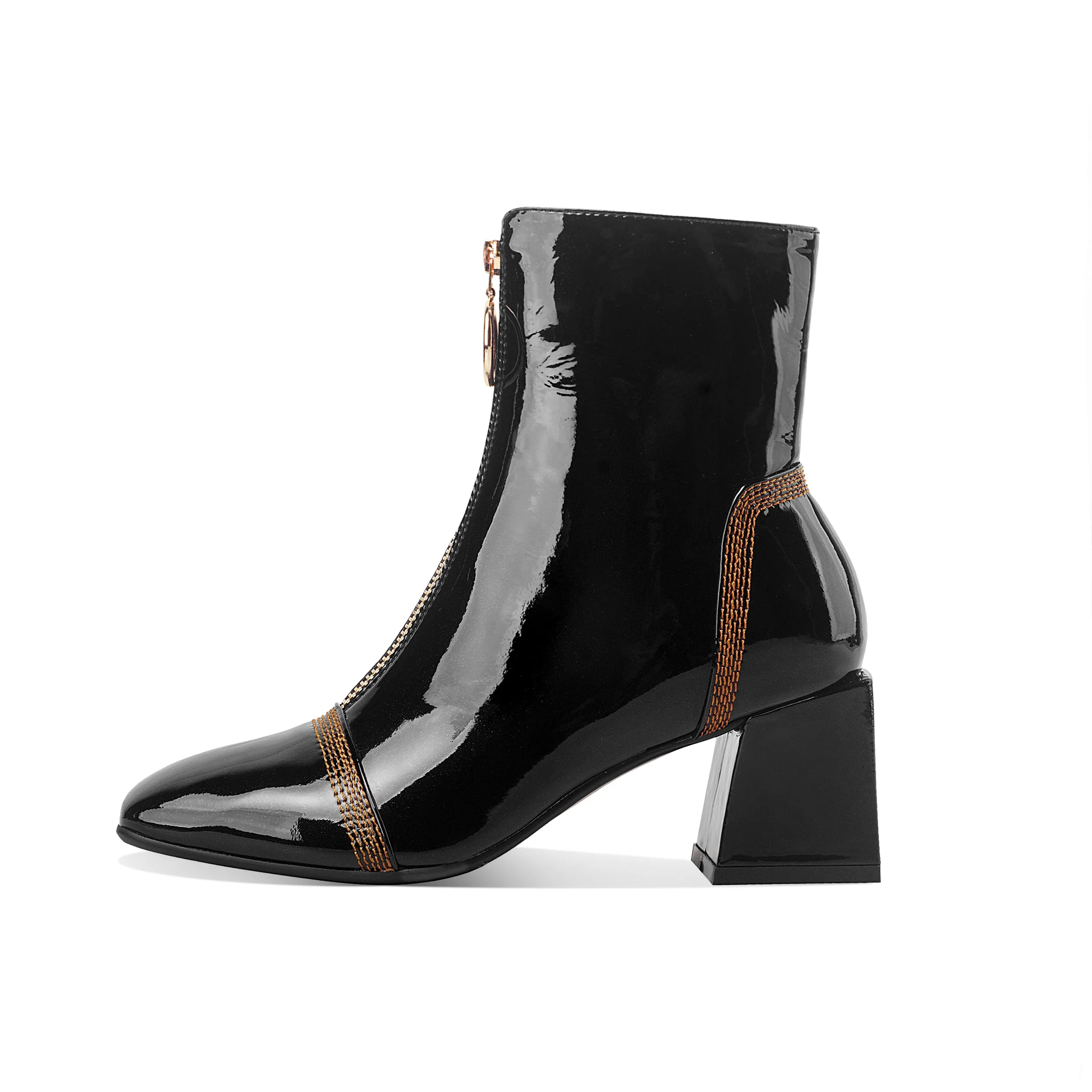 TinaCus Women's Patent Leather Square Toe Handmade Front Zipper Mid Chunky Heels Trendy Ankle Boots