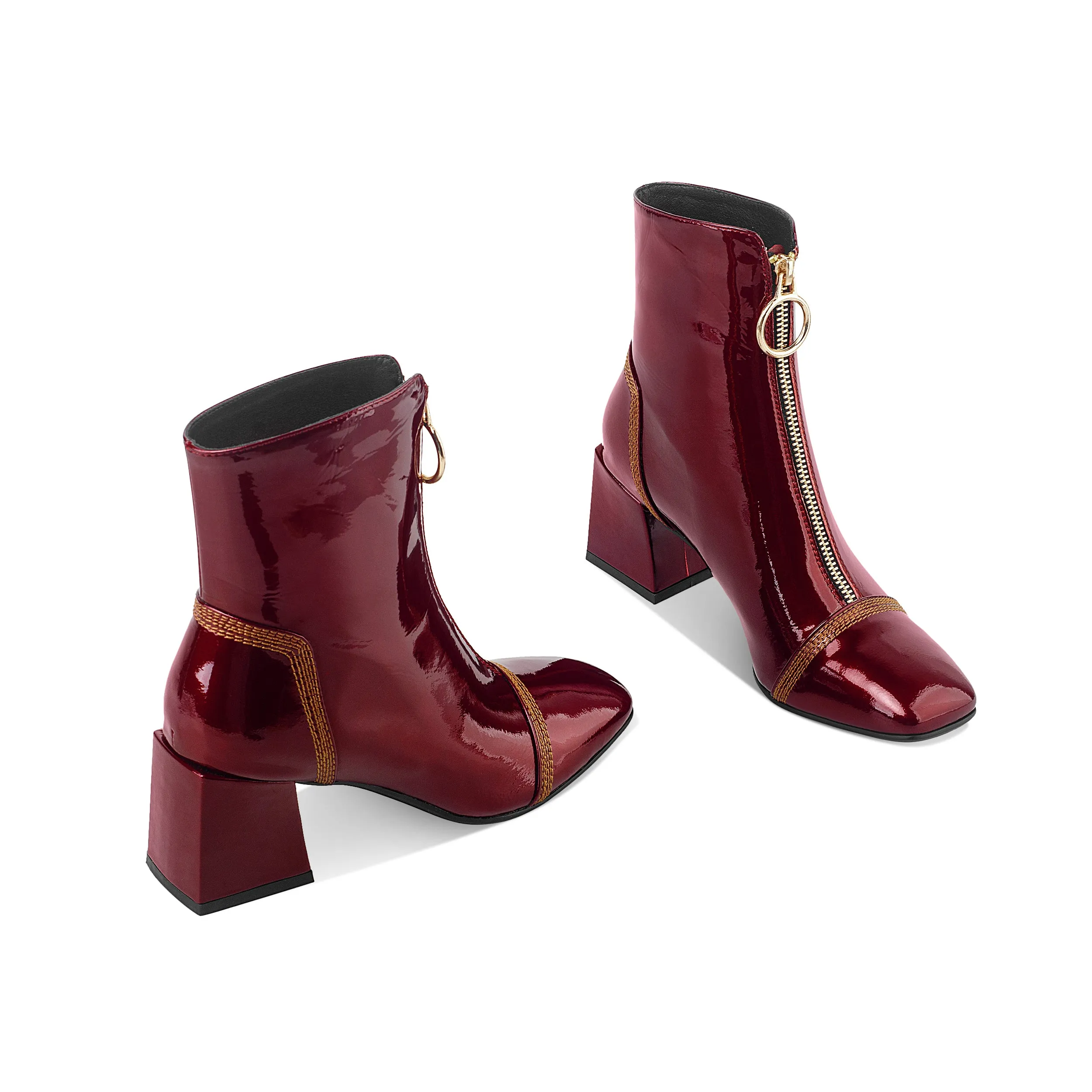 TinaCus Women's Patent Leather Square Toe Handmade Front Zipper Mid Chunky Heels Trendy Ankle Boots