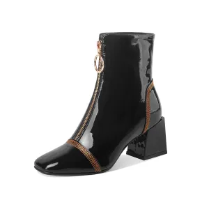 TinaCus Women's Patent Leather Square Toe Handmade Front Zipper Mid Chunky Heels Trendy Ankle Boots