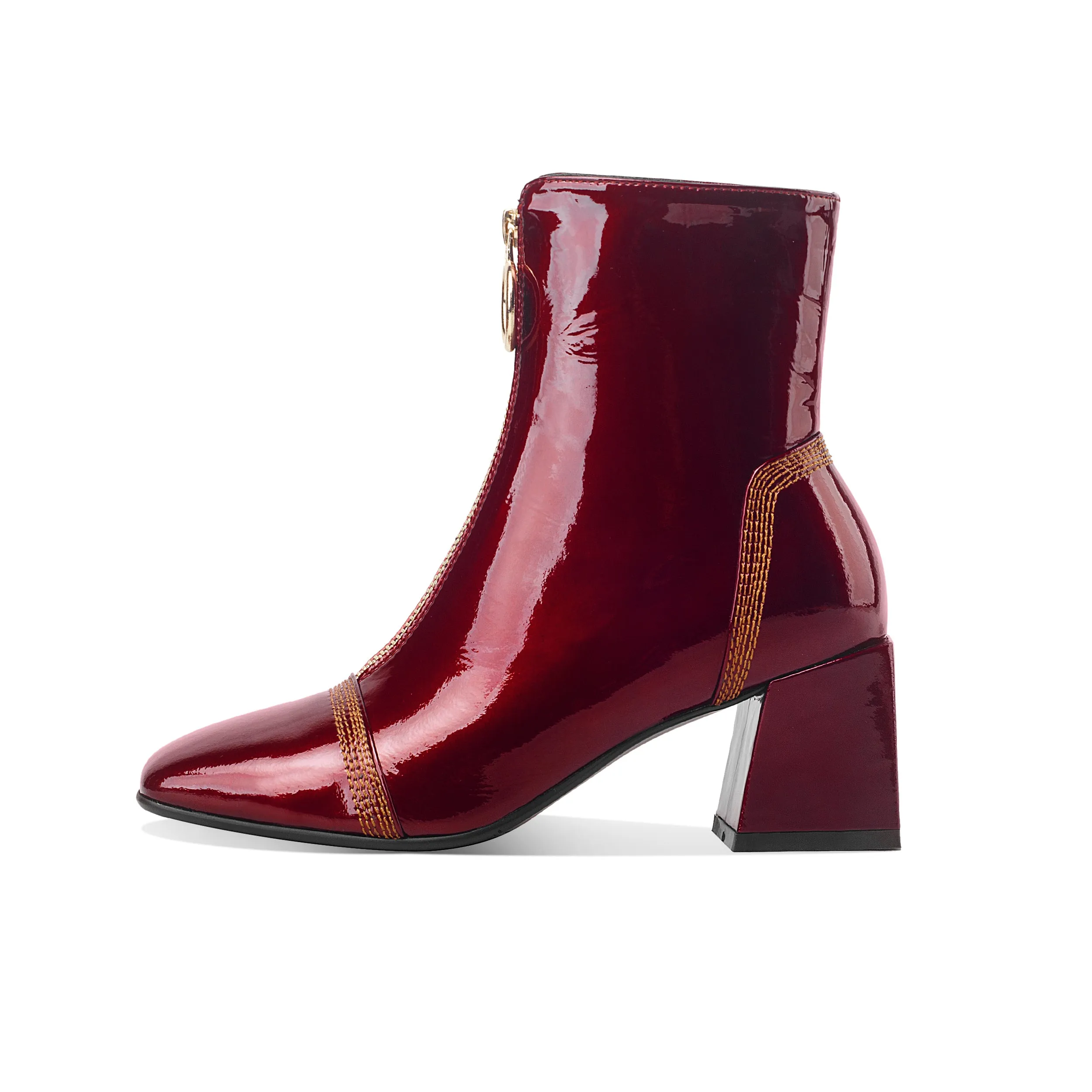 TinaCus Women's Patent Leather Square Toe Handmade Front Zipper Mid Chunky Heels Trendy Ankle Boots