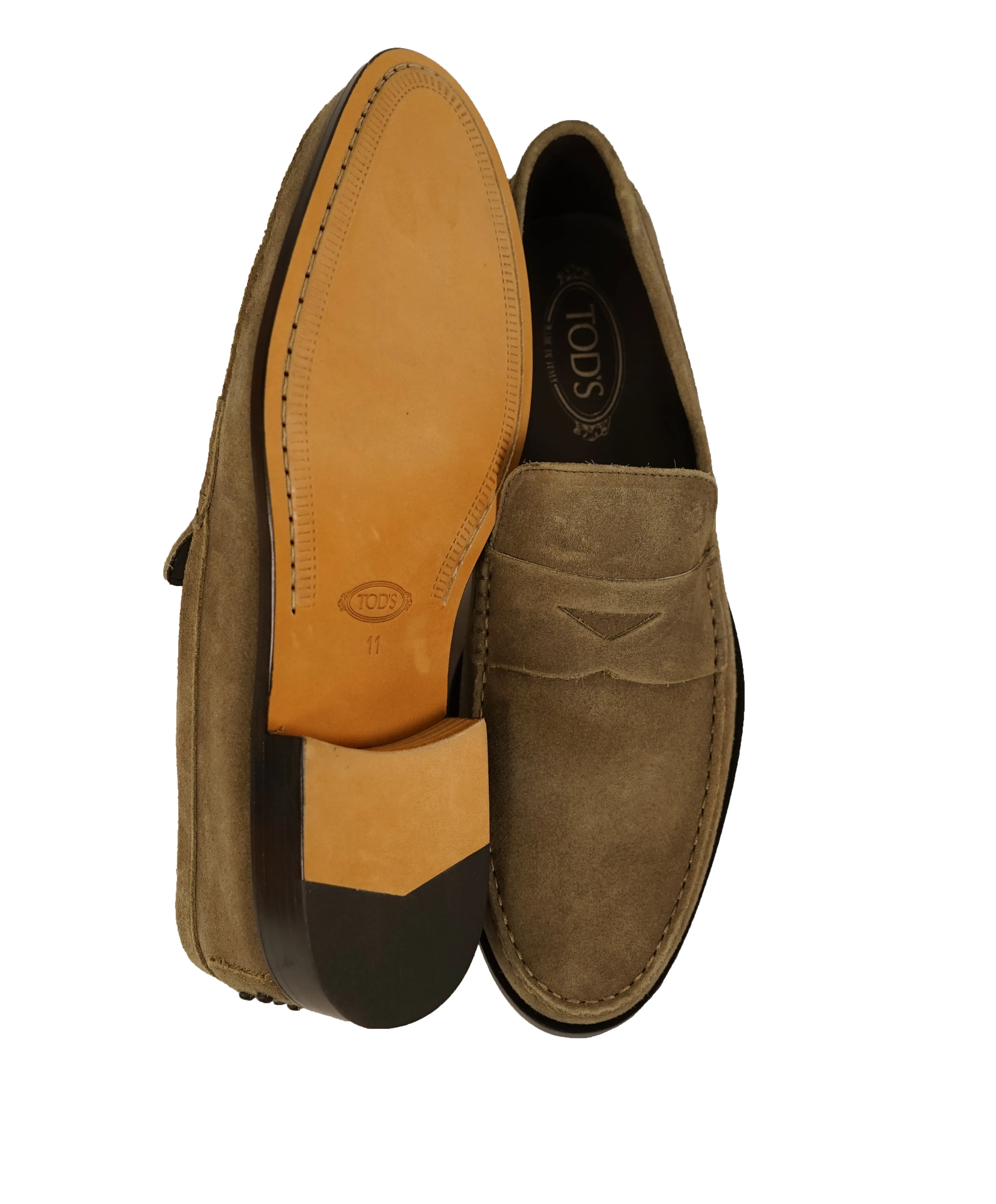 TOD’S - Brown Distressed Suede Penny Loafers “Boston” “Devon” Leather Sole - 12.5