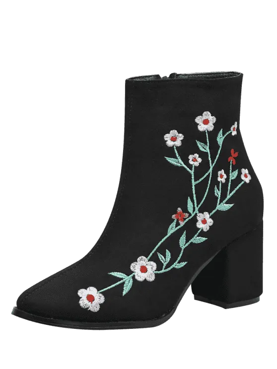 Trendy Chunky Embroidery Floral Ankle Boots