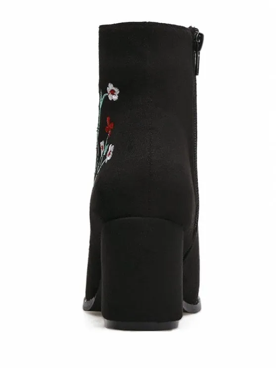 Trendy Chunky Embroidery Floral Ankle Boots