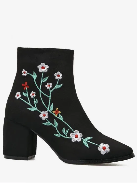 Trendy Chunky Embroidery Floral Ankle Boots