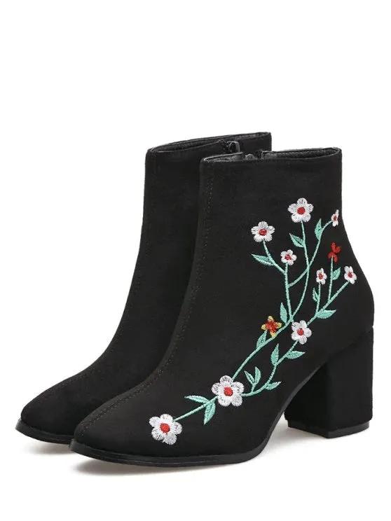 Trendy Chunky Embroidery Floral Ankle Boots