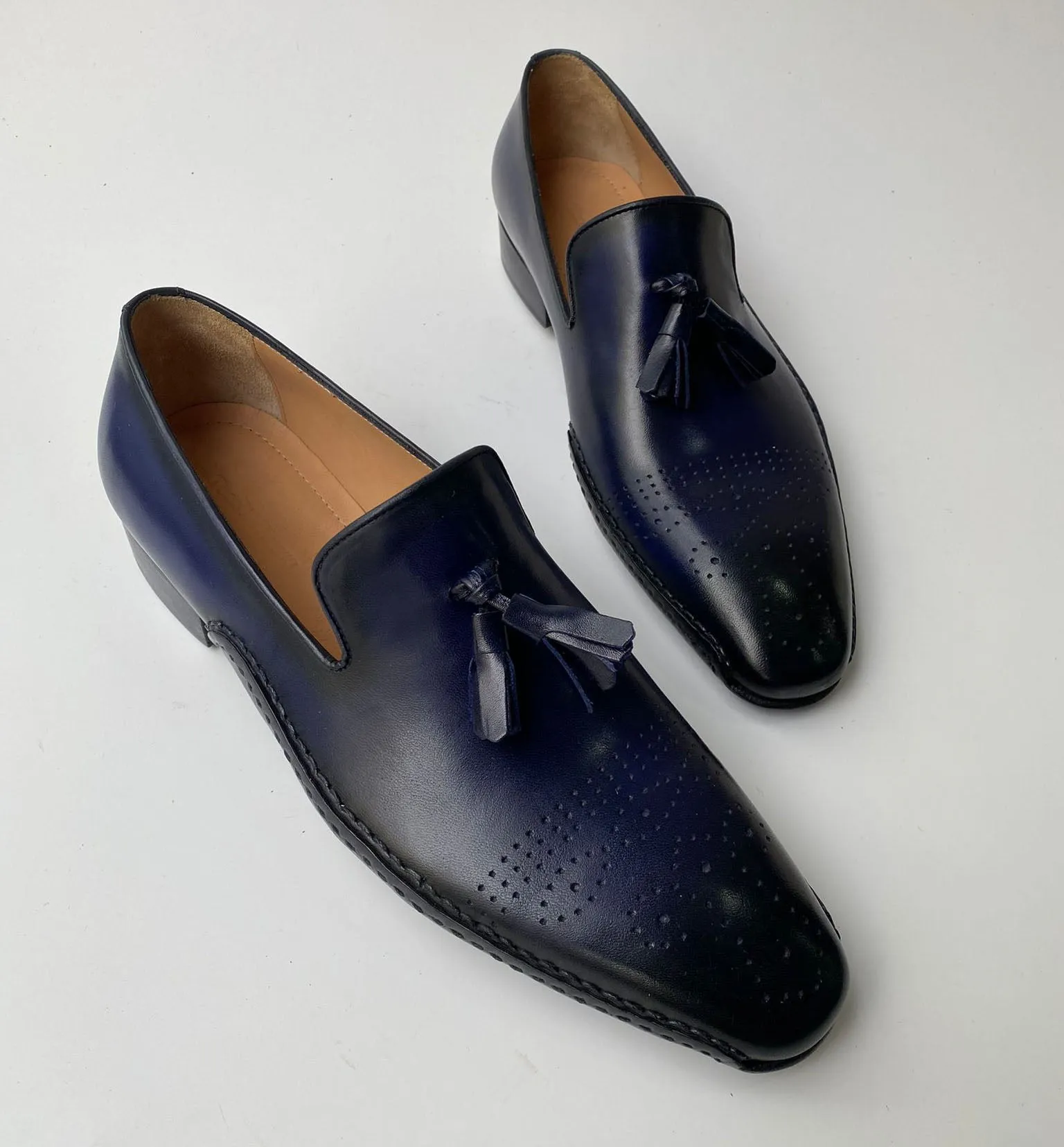 Tucci Di Lusso Mens Navy Blue Hand-welted Luxury Italian leather Slip on Tassel Loafers shoes