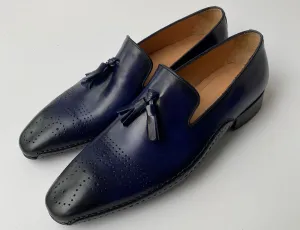 Tucci Di Lusso Mens Navy Blue Hand-welted Luxury Italian leather Slip on Tassel Loafers shoes
