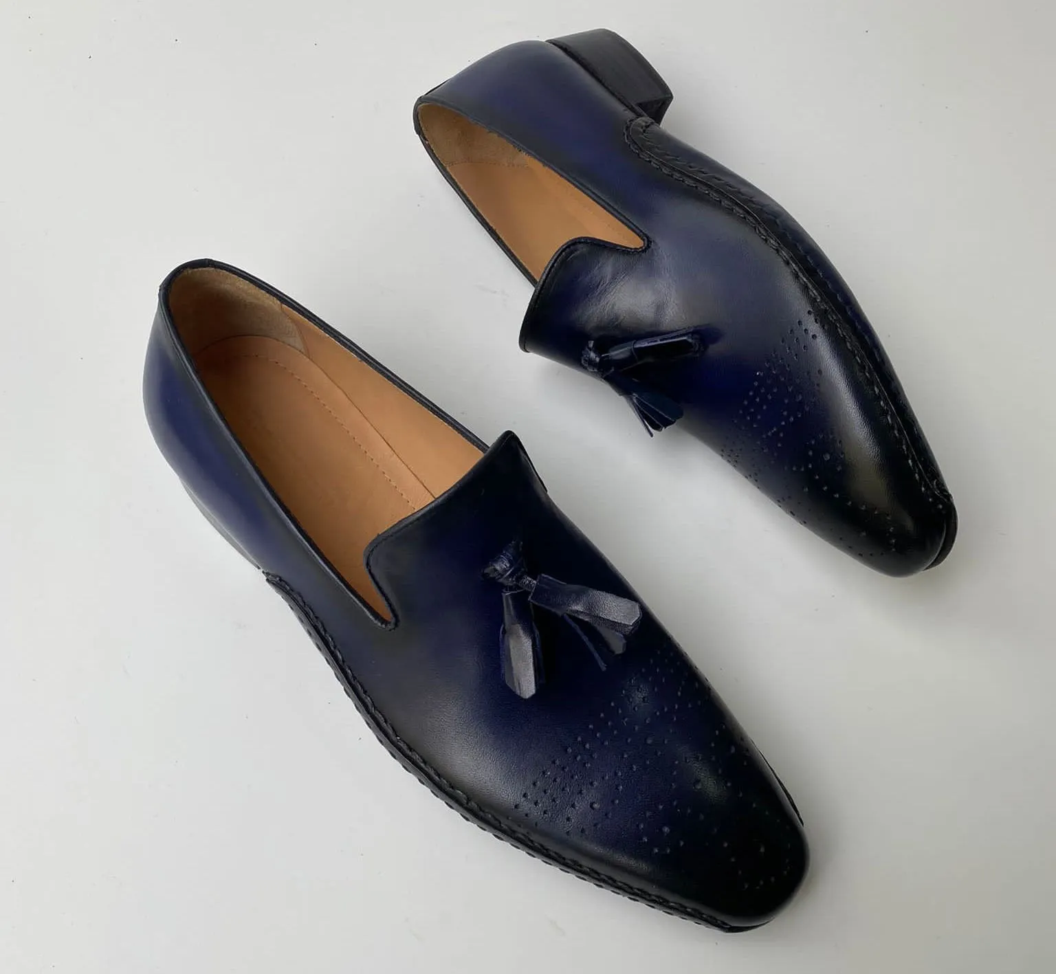 Tucci Di Lusso Mens Navy Blue Hand-welted Luxury Italian leather Slip on Tassel Loafers shoes