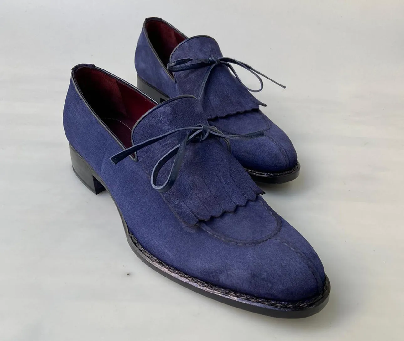Tucci Di Lusso Mens Navy Blue handmade Italian Suede luxury Split Toe Kiltie Loafers