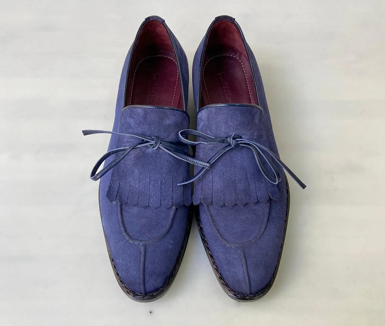 Tucci Di Lusso Mens Navy Blue handmade Italian Suede luxury Split Toe Kiltie Loafers