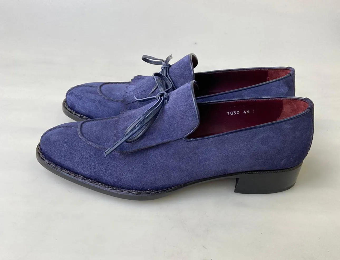 Tucci Di Lusso Mens Navy Blue handmade Italian Suede luxury Split Toe Kiltie Loafers