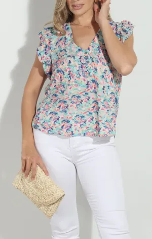 V Neck Button Ruffle Top