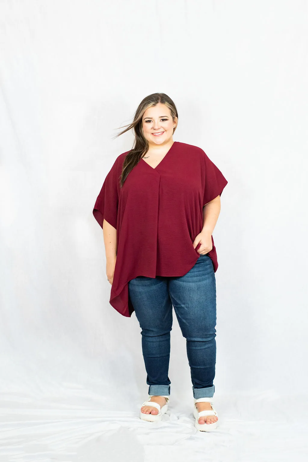 V-Neck Short Sleeve Blouse with Placket Detail in Plus Size by Entro Clothing