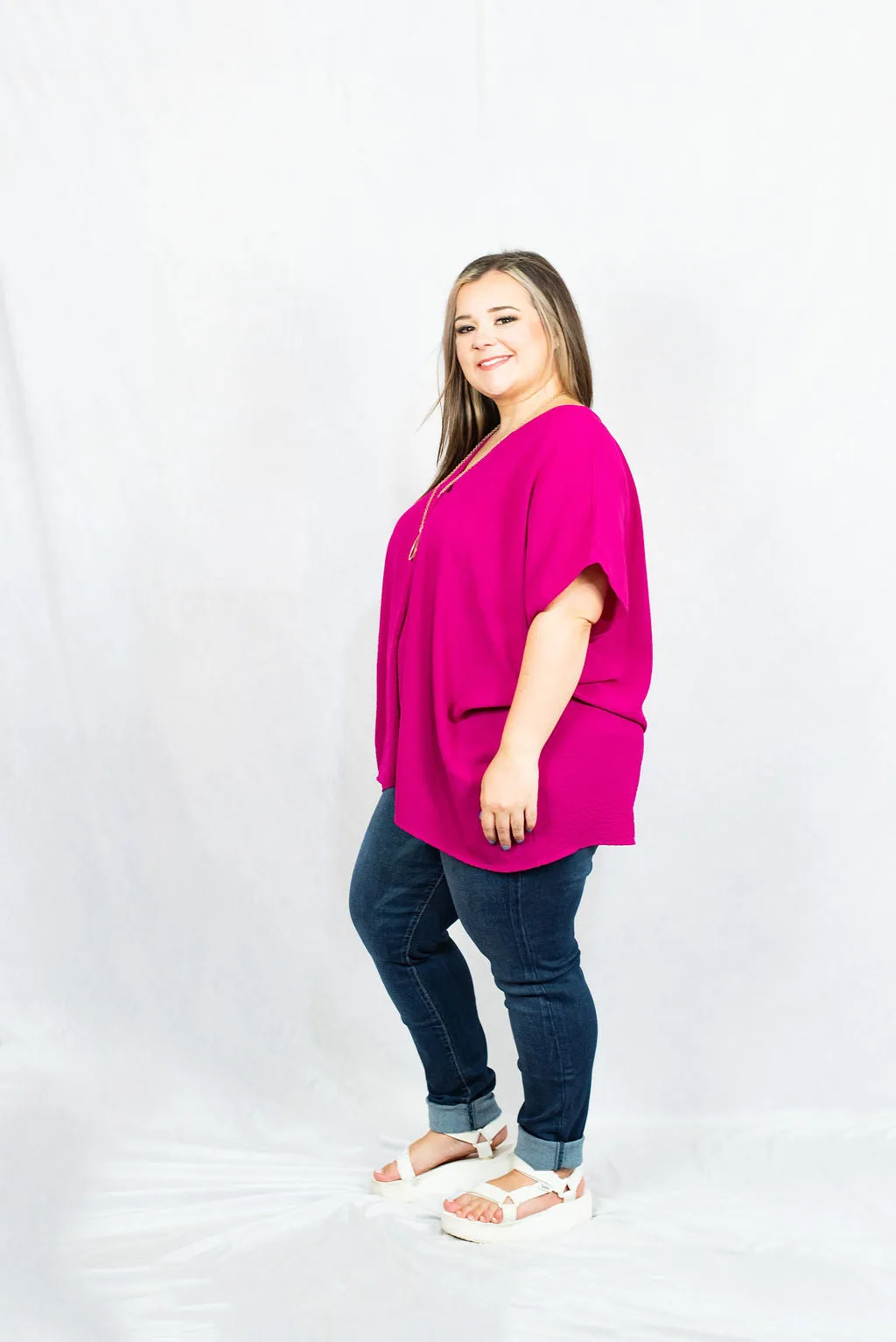 V-Neck Short Sleeve Blouse with Placket Detail in Plus Size by Entro Clothing