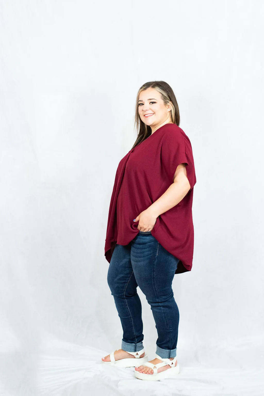 V-Neck Short Sleeve Blouse with Placket Detail in Plus Size by Entro Clothing