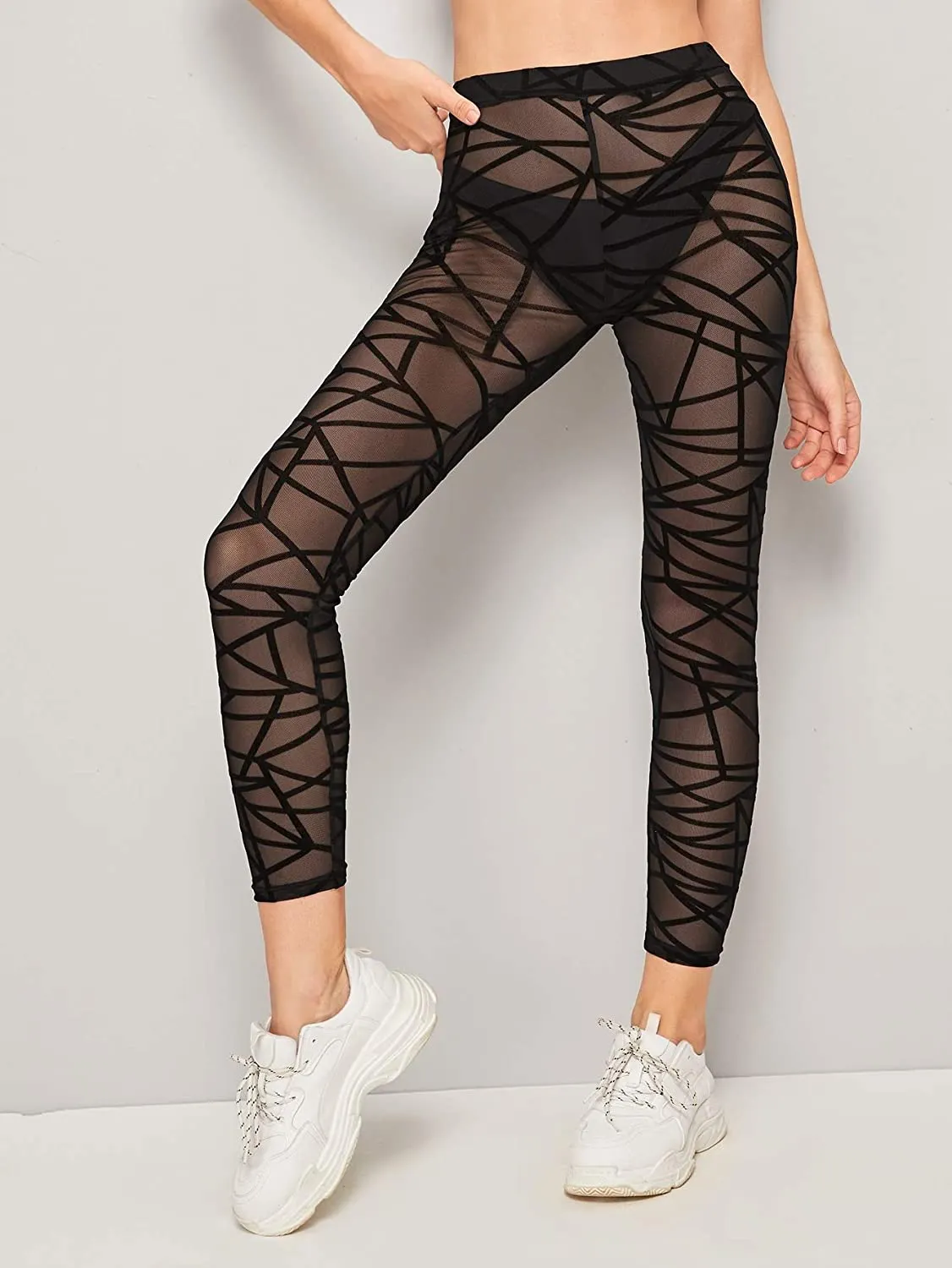 Verdusa Women's Elastic Waist Geo Print Sheer Mesh Skinny Cropped Leggings