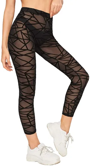 Verdusa Women's Elastic Waist Geo Print Sheer Mesh Skinny Cropped Leggings