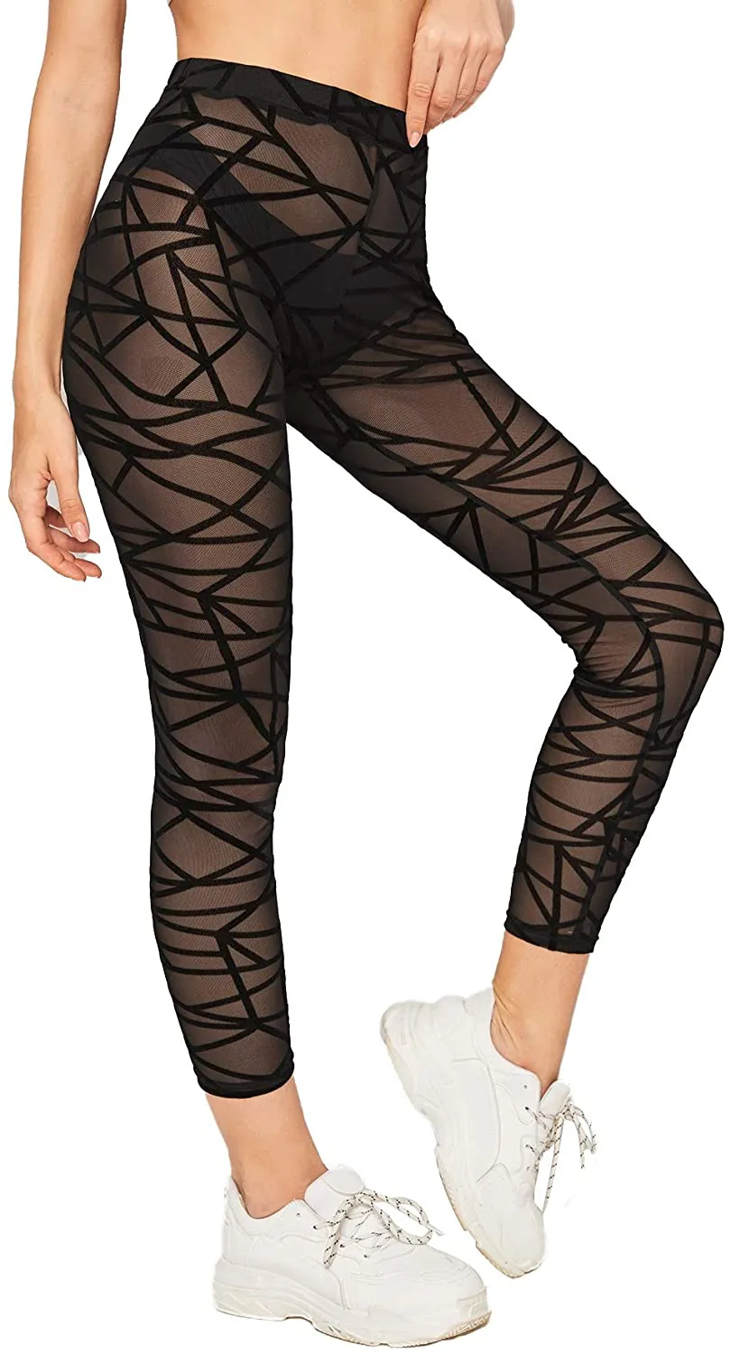 Verdusa Women's Elastic Waist Geo Print Sheer Mesh Skinny Cropped Leggings